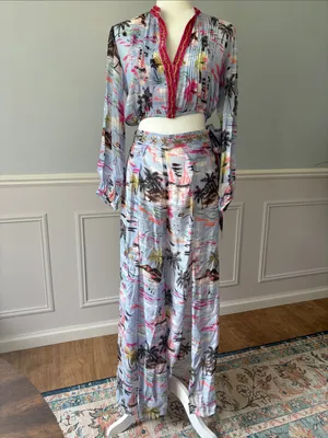 NWT TAJ by Sabrina Crippa Light Blue Tropical V-Neck Two-Piece Set Sz S Luxury thumbnail 3