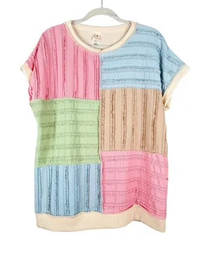 7TH RAY Textured Pastel Color Block Ribbed Pullover Top Women's Size Large Artsy thumbnail 1