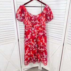Torrid Floral Crinkle Fabric Tiered Puff Sleeve Smocked Midi Dress Red‎ Pink 12 thumbnail 10
