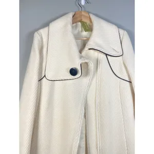Wool Blend Cream Coat Asymmetrical Zip Front Black Trim Elegant Luxury Sz‎ Large thumbnail 2