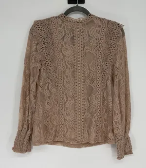 Women's Taupe Floral Lace Ruffle Mock Neck‎ Long Sleeve Blouse Top thumbnail 1