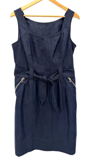 Ann Taylor Womens 12 Dark Wash Denim Belted Sheath Dress Gold Zip Pockets 228683 thumbnail 1