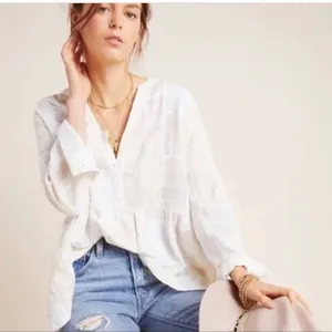 Anthropologie Maeve white and creme patchwork blouse thumbnail 1