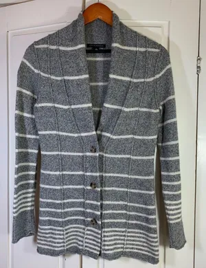 Banana Republic Womens‎ Striped Cardigan Sweater Size S Wool Blend Gray White thumbnail 1