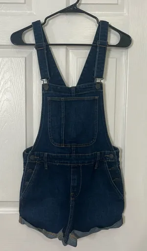 Old Navy Women’s Blue Denim Overall Shorts Dark Wash Retro Classic Trendy Size S thumbnail 1