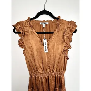 NWT Steve Madden Prairie Dreams Mini‎ Dress Apricot Satin Ruffle Smocked Small S thumbnail 5