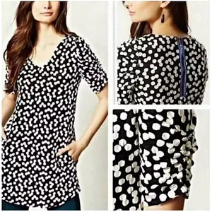 Deletta Anthropologie Polka Dot Textured Tunic Dress Black‎ White Puff Sleeve S thumbnail 2