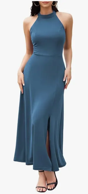 NEW Blue Formal Halter Wedding Cocktail Evening Split Midi Dress XL thumbnail 1