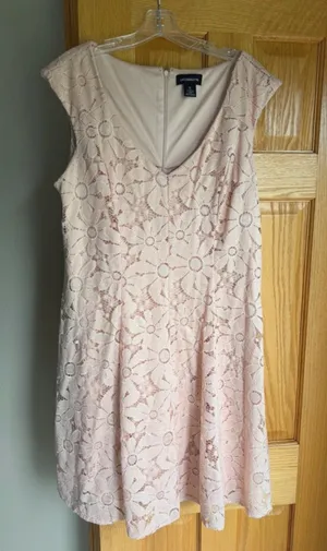 Liz Claiborne Pink Floral Daisy Lace Dress 16 V-Neck Cap Sleeve Flirt A-Line thumbnail 1