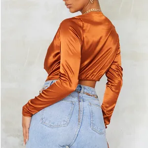 Pretty Little Thing New Satin Cowl Neck Long Sleeve Crop Top Rust Size 6 thumbnail 4