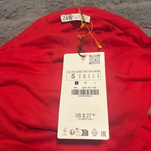 Zara Red Off Shoulder Ruched Mesh Long Sleeve Top Sheer Fitted NWT Small thumbnail 5