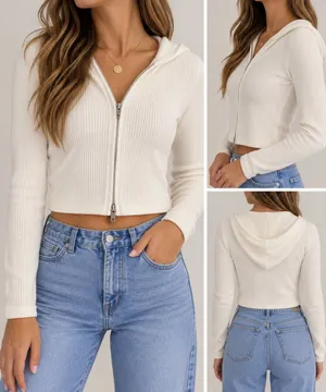 Brandy Melville Ivory Ribbed Cropped Zip Up Hoodie Fitted Y2K thumbnail 2