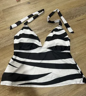 Xhilaration Black and White Striped Halter Tankini swim top thumbnail 1