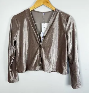 Nordstrom NWT Good Luck Girl Ribbed Velvet Button Up Crop Long Sleeve Going Out Top Large thumbnail 1