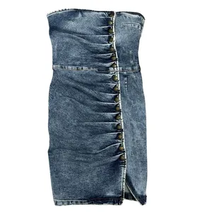 Retrofête Megh Strapless pleated Denim Mini Dress Marble Sky Button Front XS thumbnail 6