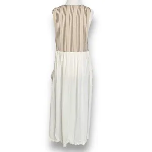Vintage 90s Linen Rayon Colorblock Maxi Dress Boho Neutral Cottage Patch Pockets thumbnail 5