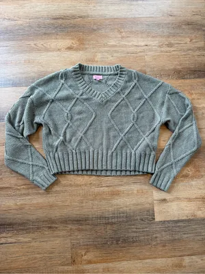 miami Olive Green V-Neck Cable Knit Cropped Sweater thumbnail 4