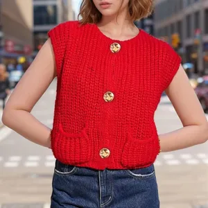 Knit Oversized Gold Button Sleeveless Vest Womens Large Red thumbnail 2