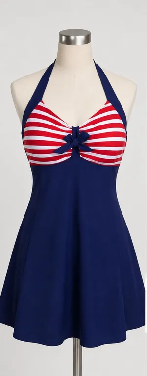 #S41 Navy Halter Swim Dress with Red & White Striped Bust - M thumbnail 1