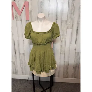 Olive Green Smocked Romper Puff Sleeve Rayon Mini Dress Look Size M thumbnail 2