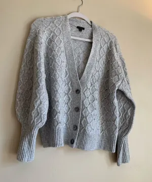 Talbots Light Gray Beaded Cable-Knit Cardigan Wool Mix Sweater Women Size Large thumbnail 1