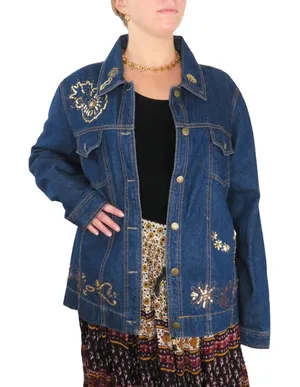 Denim & Co. 1990s Vintage Embellished Denim Jacket Jean Jacket Beaded Sequin XL thumbnail 1