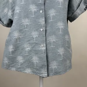 Zara Blue Palm Tree Print Button Down Short Sleeve Collared Blouse Shirt Top M thumbnail 3