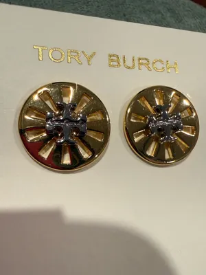 Tory Burch | Gold Plated | Gold and Silver Logo Round Stud Earrings thumbnail 2