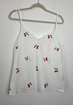 SheIn Cherry Print Camisole Top Scallop Trim Lolita Coquette Dainty Kawaii Small thumbnail 1