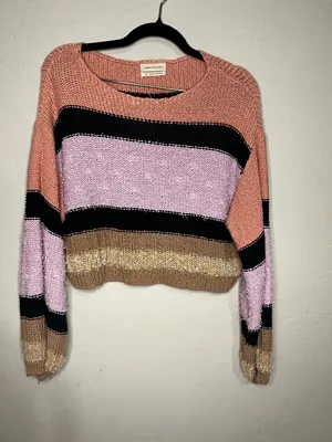 Urban Outfitters Beau Boat neck Striped Colorblock‎ Knit Textured Ballon Sleeve Crop Sweater thumbnail 4