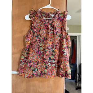J. Crew Factory Women's Size Medium Sleeveless Ruffle Top Dark Green Pink Orange thumbnail 2