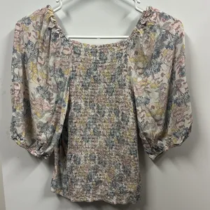 Bohme Floral Faux Button Front Smocked Back Balloon Half Sleeve Top Small thumbnail 6
