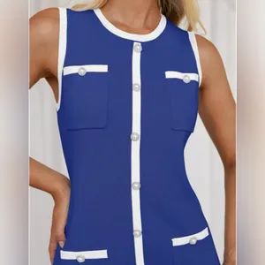NEW Sleeveless Blue & White Dress With Pearl Buttons thumbnail 3