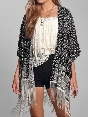 Abercrombie & Fitch Kimono Shawl Swim Suit Cover Up One Size Fringed Boho W4 thumbnail 1