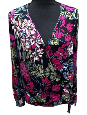 Anthropologie Tiny Womens Finley Faux Wrap Top Black Pink‎ Floral Long Sleeve M thumbnail 1