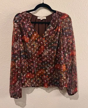 LOFT Sheer Floral V-Neck Blouse in Brown Multi thumbnail 1