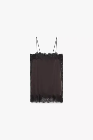 Zara satin Lace-Trim Slip Dress Top in Deep Brown thumbnail 6