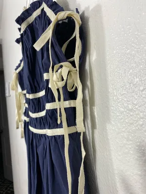 Navy Midi Dress with White Trim and Spaghetti Straps Size L 100% Cotton thumbnail 5
