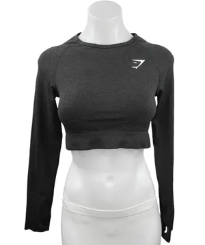 Gymshark Women's Black Crew Neck Long Sleeve Activewear Sports Crop Top Size M thumbnail 1