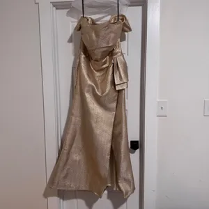 Alyce Paris Gold‎ Metallic Off Shoulder Evening Gown Formal Dress Side Bow Slit thumbnail 5