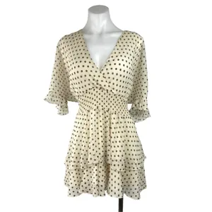 Zara Off White Polka Dot V-neck Wrap Ruffle Layered Smocked Tiered Mini Dress L thumbnail 2