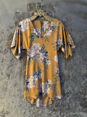 Vintage Billabong Mustard Floral V-Neck Midi Dress Women’s Size M thumbnail 1
