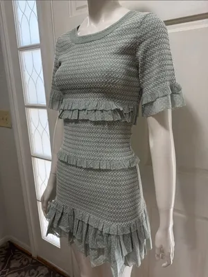 LoveShackFancy Aveline Ruffled Dress Printed Smocked Bell Sleeve Mint Sz XS A thumbnail 7