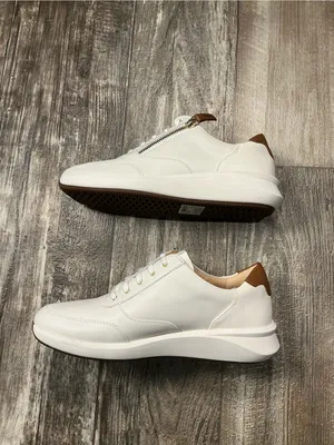 Clarks Women's White Leather Sneakers with Gold Zip and Brown Accents Size 8.5 thumbnail 10