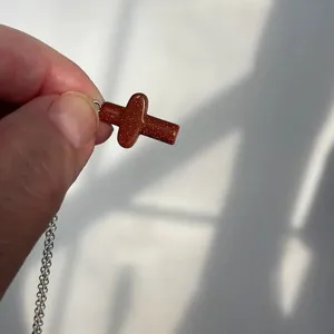 Vintage minimalist goldstone cross pendant on sterling chain thumbnail 6