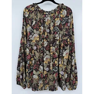 DR2 by Daniel Rainn Black Blouse Sz XL Multi Floral Metallic Gold Tie Front Boho thumbnail 4