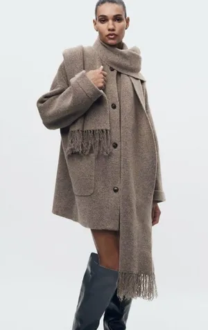 NWT Zara short knit coat with scarf blogger favorite medium m mink marl thumbnail 3