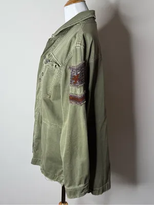 Free People Green Military Embroidered Beaded Shirt Jacket thumbnail 4