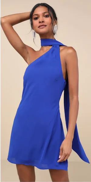 LULU’S Isloda Blue One Shoulder Backless Sash Mini Dress thumbnail 1