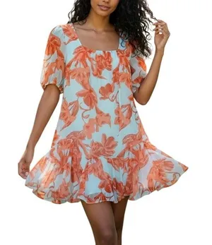 Olivaceous Floral Whimsical Boho Puff Sleeve Mini Dress Orange Blue Size Medium thumbnail 1